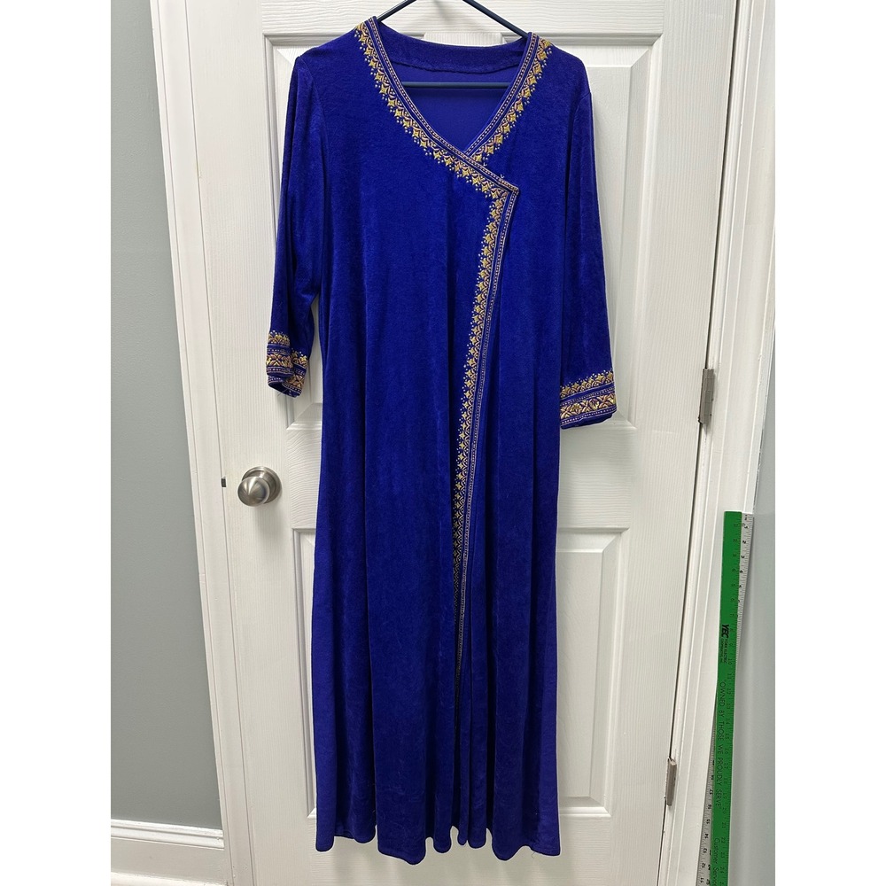 Royal Blue Velvet Kaftan Maxi Dress Gold Embroidered Long Sleeve Gown READ